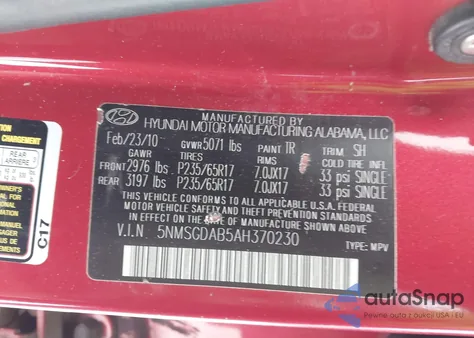 2010 Hyundai Santa Fe Gls z USA, uszkodzony, nr VIN 5NMSGDAB5AH370230